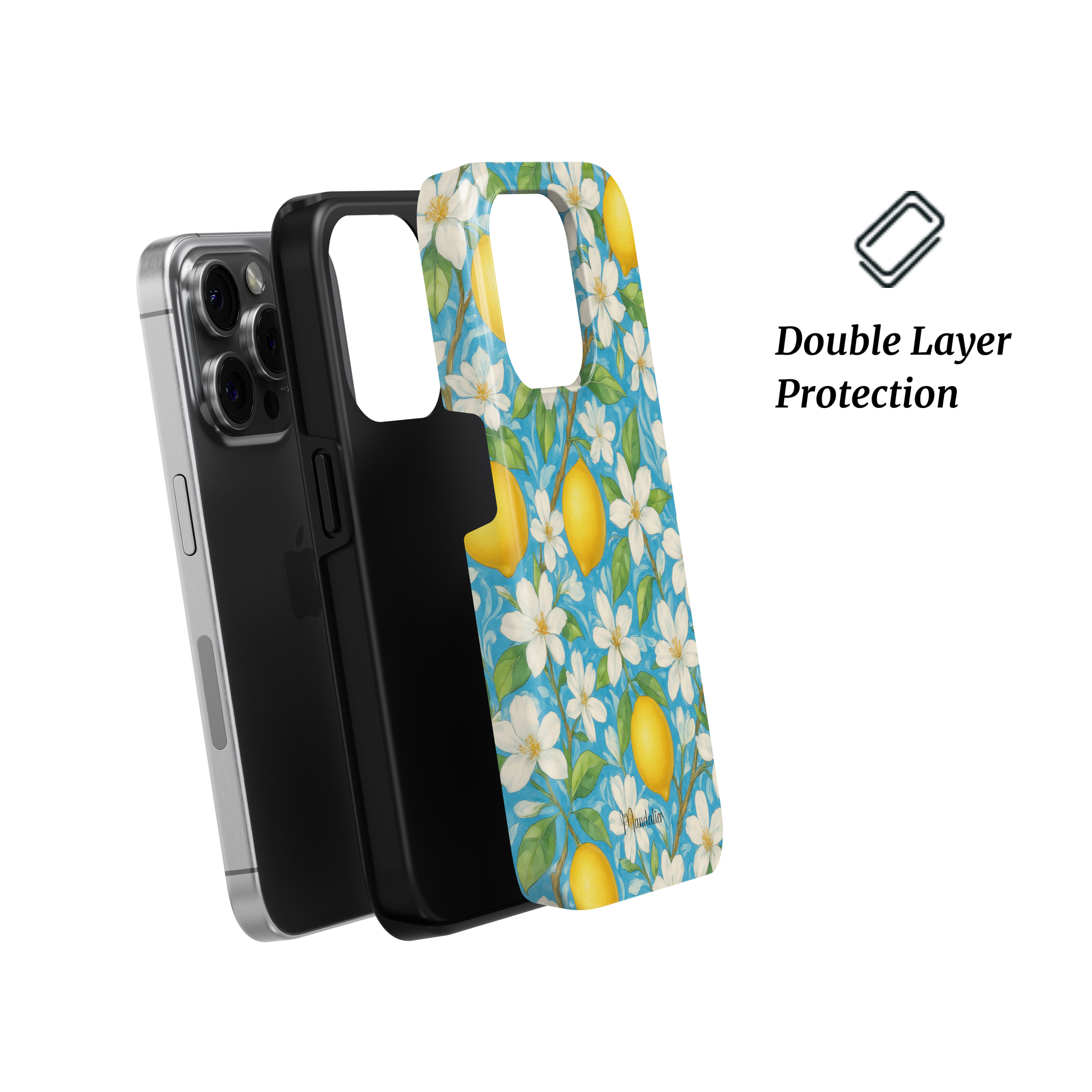 Glossy premium phone case “Lemon Blossom” from Mandalier’s Lemon Luxe Collection, featuring yellow lemons and delicate white blossoms in a Mediterranean-inspired design.