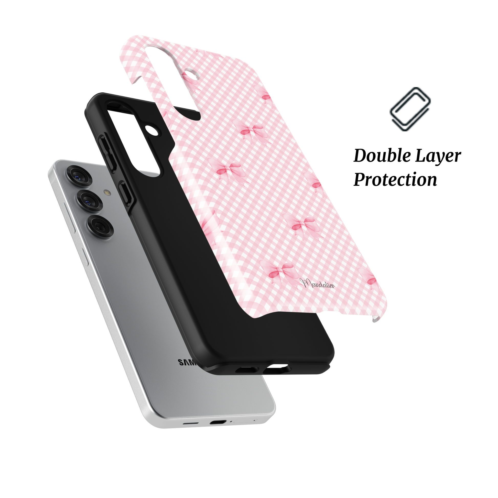Tough Phone Case Gingham Grace with pink gingham pattern and bow design, premium protective phone case designed in Malta