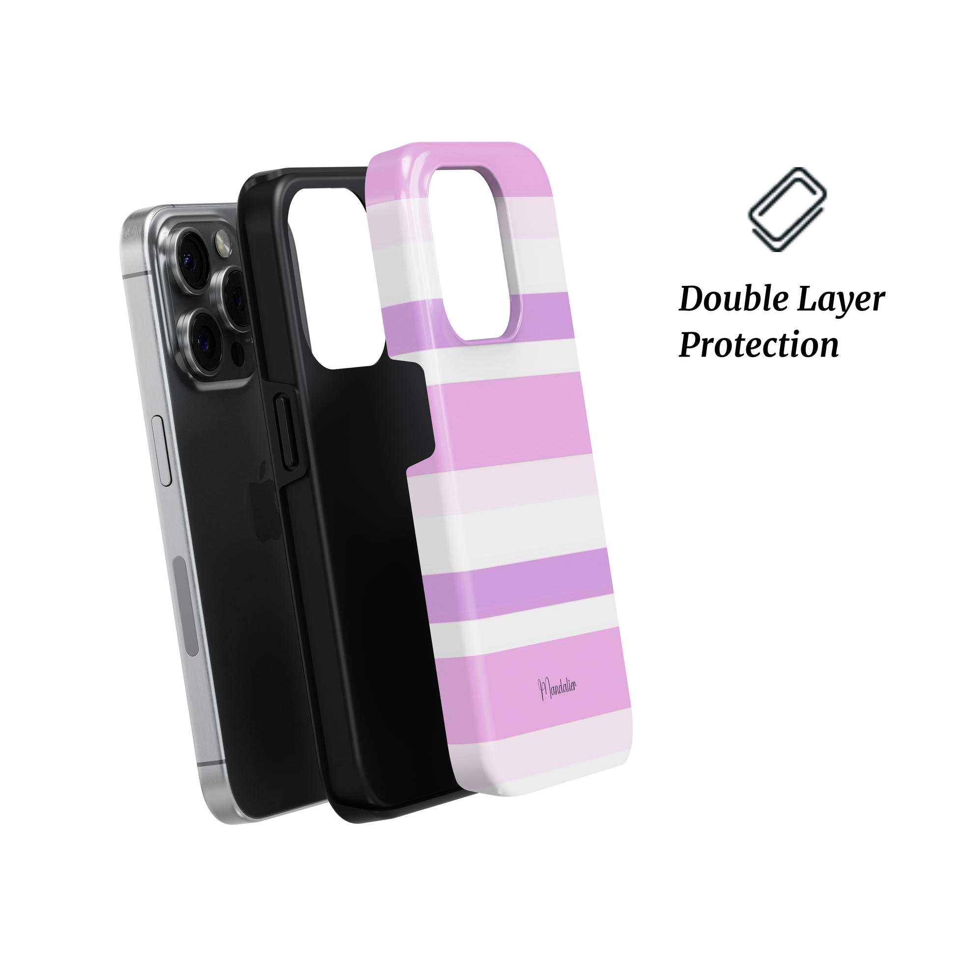 A lineup of colorful striped phone cases from the Coastal Brights Collection by Mandalier, displayed on a beach with ocean-inspired tones.

