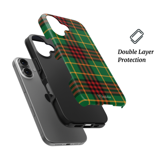 Highland Holiday phone case by Mandalier — soft green and neutral Scottish tartan on a durable, protective case.
