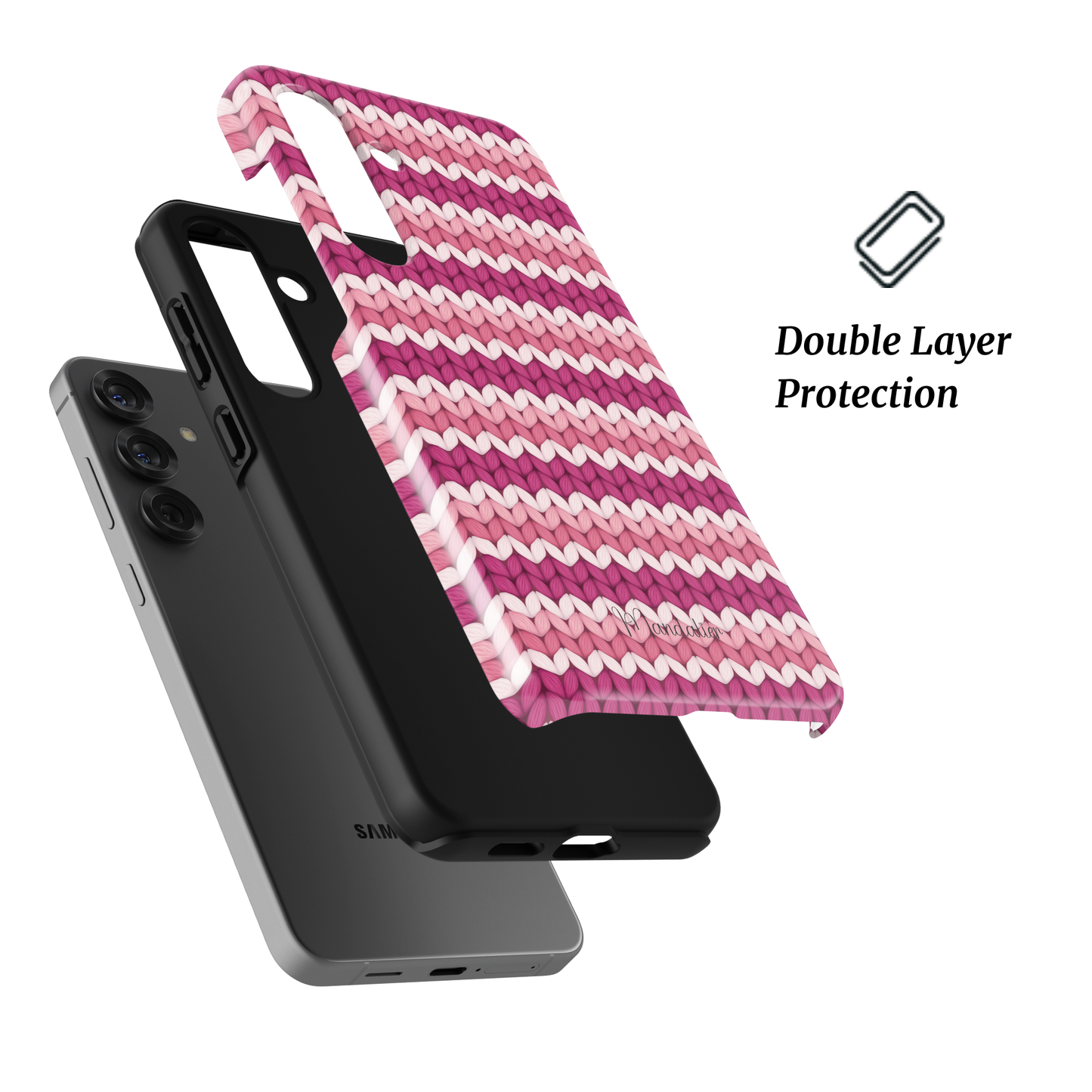 Pink Warmth tough phone case with soft pink knit texture and dual-layer protection, designed in Malta