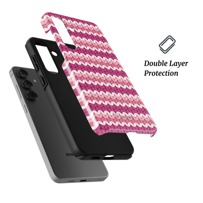 Pink Warmth tough phone case with soft pink knit texture and dual-layer protection, designed in Malta