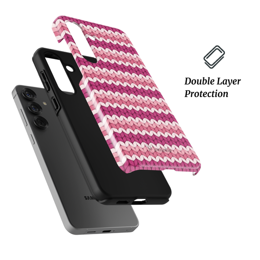 Pink Warmth tough phone case with soft pink knit texture and dual-layer protection, designed in Malta