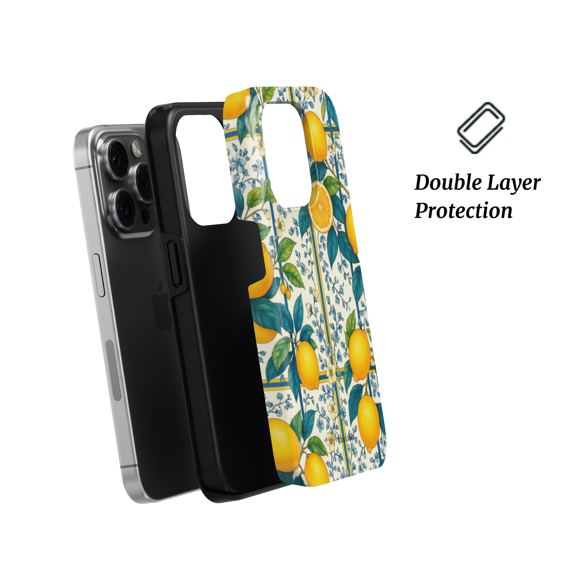 Glossy “Mediterranean Zest” tough phone case from Mandalier’s Lemon Luxe Collection, featuring bright yellow lemons and green leaves in a vibrant coastal design.