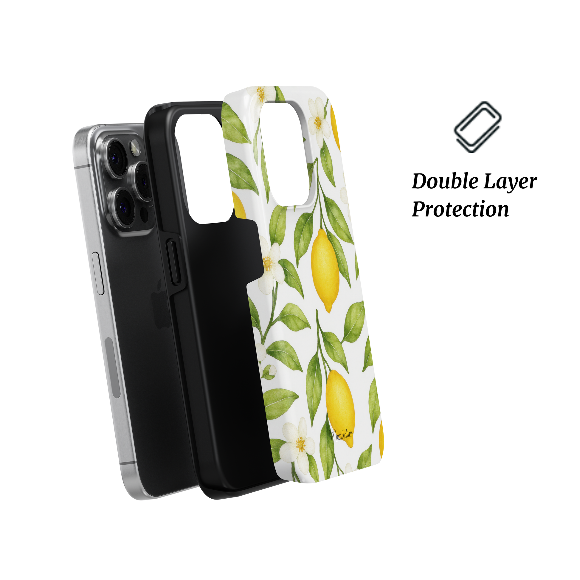 Phone case with lemon pattern and black layer, labeled 'Double Layer Protection'.