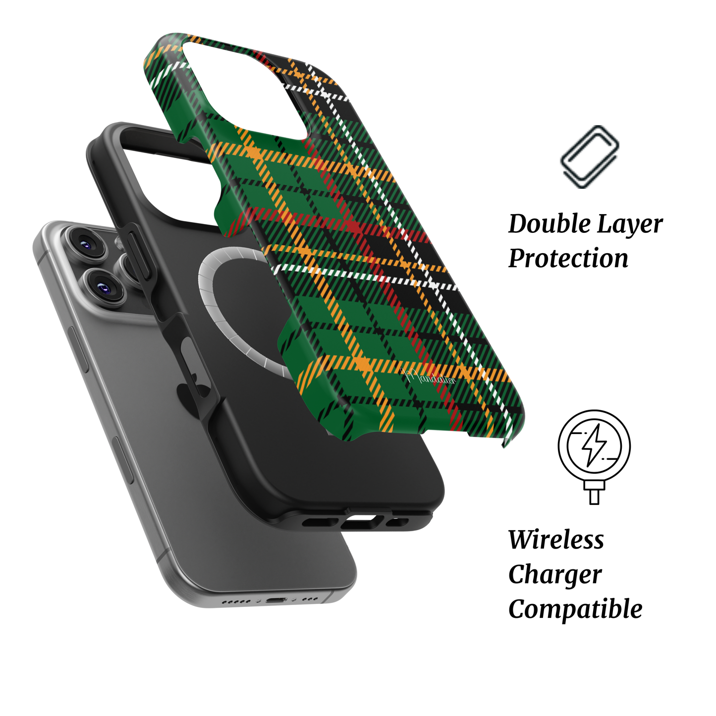 Mandalier MagSafe Tough Phone Case in Highland Ember — rich amber and charcoal tartan pattern with glossy finish, designed in Malta.