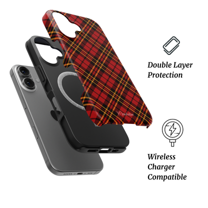 Amber Flame MagSafe phone case by Mandalier — deep amber Scottish tartan pattern on dual-layer case with MagSafe compatibility.