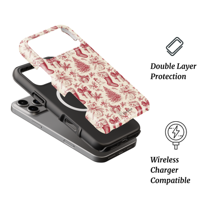 Toile Tidings MagSafe Tough Phone Case by Mandalier — elegant toile-inspired festive iPhone case from the Classic Christmas Collection with MagSafe compatibility.