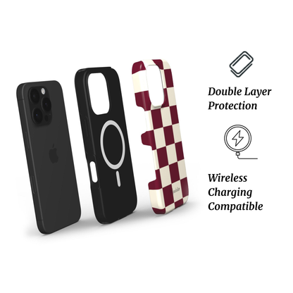 MagSafe Tough Phone Case | Burgundy Checkmates – Durable case with bold checkered design and MagSafe compatibility for seamless wireless charging.