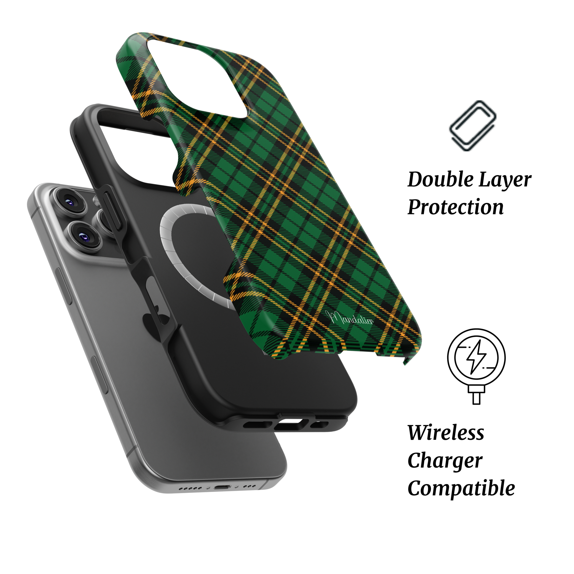 Mandalier MagSafe Tough Phone Case in Highland Green — deep green Scottish tartan pattern with glossy finish, designed in Malta.