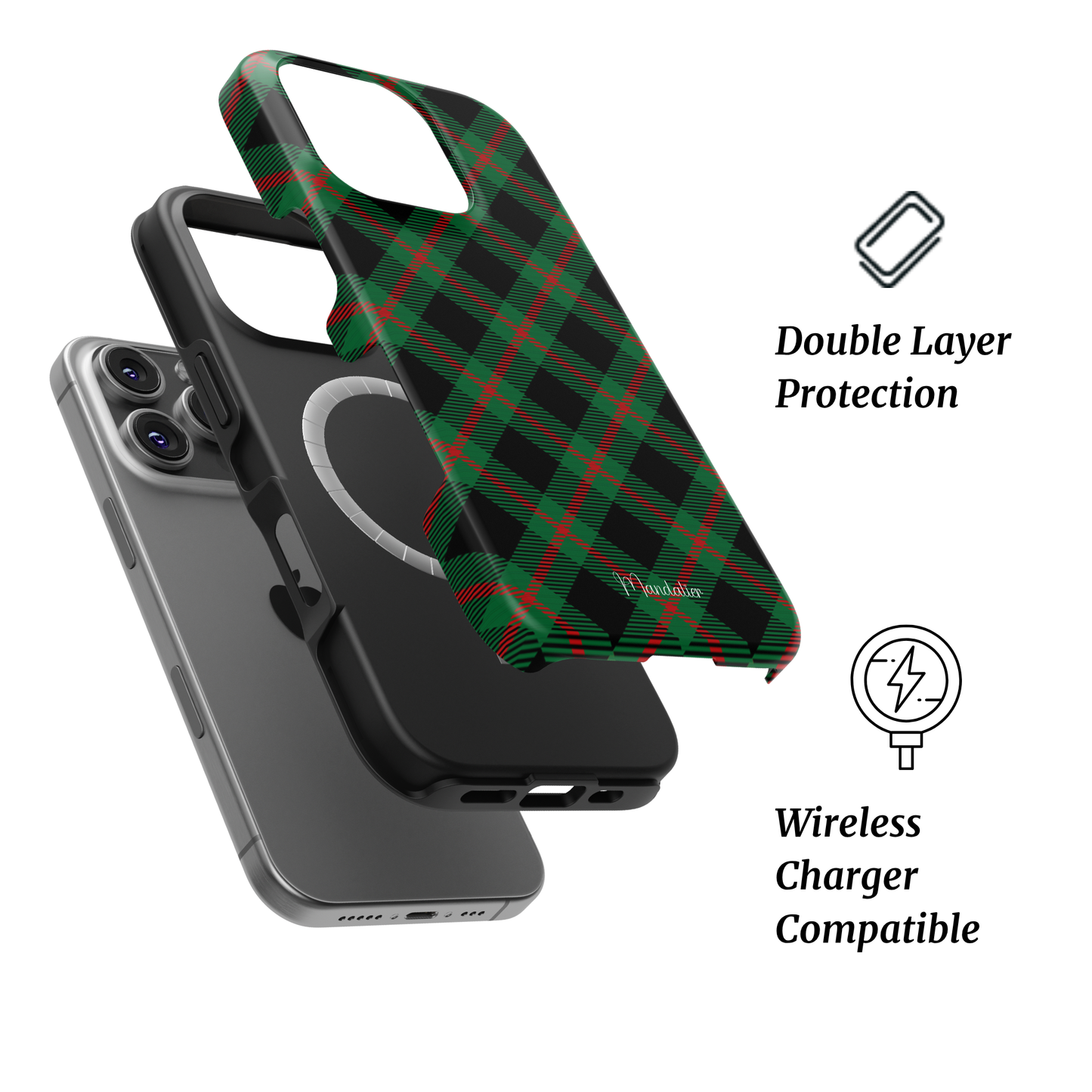Mandalier MagSafe Tough Phone Case in Emerald Plaid — premium green and black tartan pattern with glossy finish, designed in Malta.
