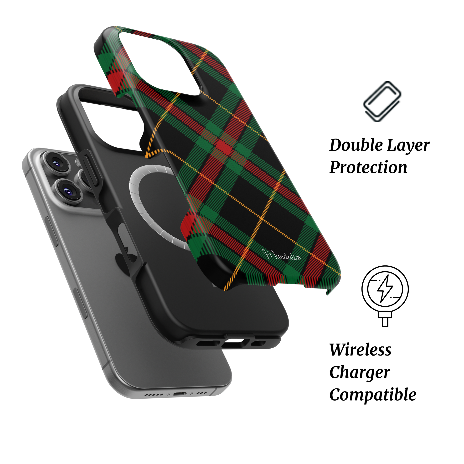 Mandalier MagSafe Tough Phone Case in Yule Tartan — festive red and green Scottish plaid with glossy finish, designed in Malta.