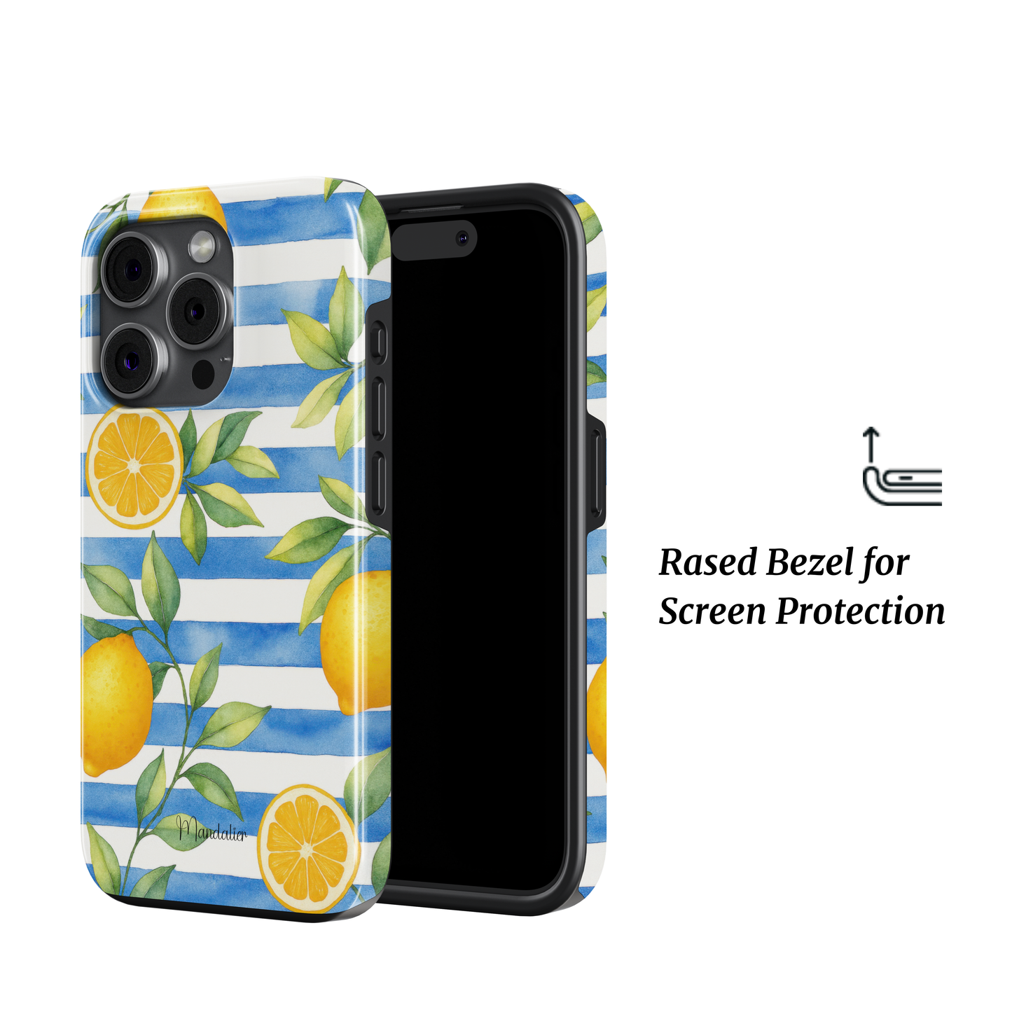 Glossy “Blue Citrus Charm” tough phone case from Mandalier’s Lemon Luxe Collection, with golden lemons, green leaves, and a blue coastal background.