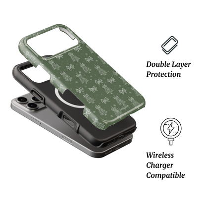 Evergreen Charm MagSafe Tough Phone Case by Mandalier — green festive iPhone case inspired by winter pine from the Classic Christmas Collection, MagSafe compatible.