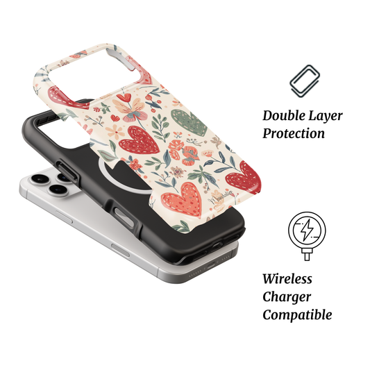 MagSafe Tough Phone Case Hearts in Bloom with romantic heart floral design, premium protective phone case designed in Malta