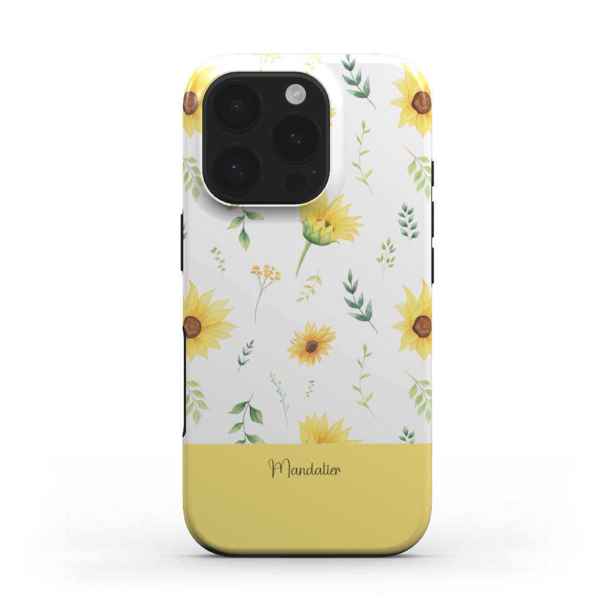 Sunflower Bliss MagSafe Tough Phone Case featuring a cheerful sunflower design with bold yellow petals.