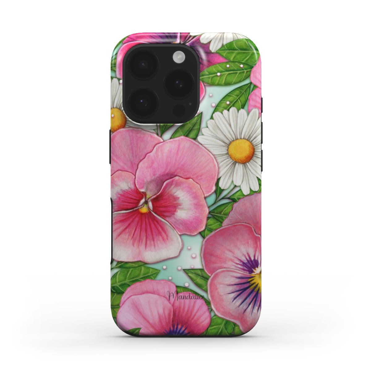 MagSafe Tough Phone Case in Pansy & Daisy Delight with a vibrant floral pattern of pansies and daisies.