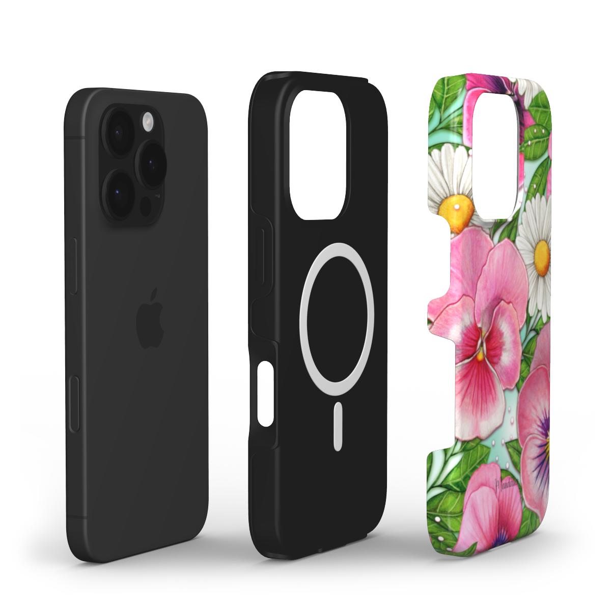 Pansy & Daisy Delight MagSafe Tough Phone Case featuring a cheerful floral design for stylish, durable protection.