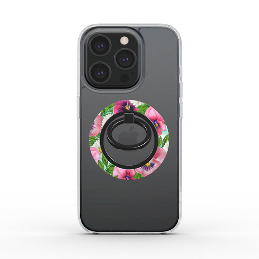 Pansy & Daisy Delight Ring Holder attached to a phone, showcasing its vibrant floral design and secure grip.