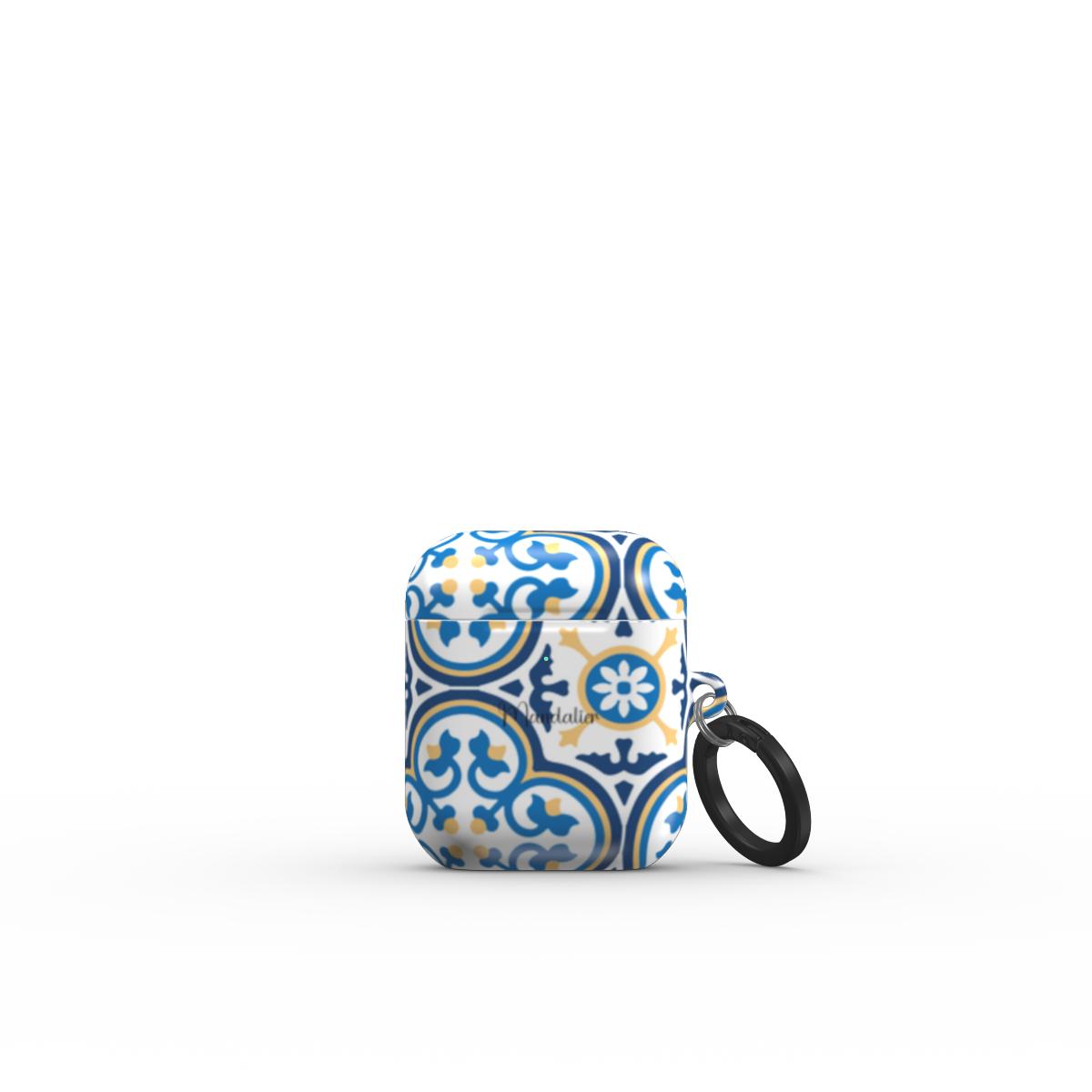 Apple AirPods Tough Case 1/2 featuring the Maduma Fjura Blu design with vibrant blue floral patterns and a glossy finish.