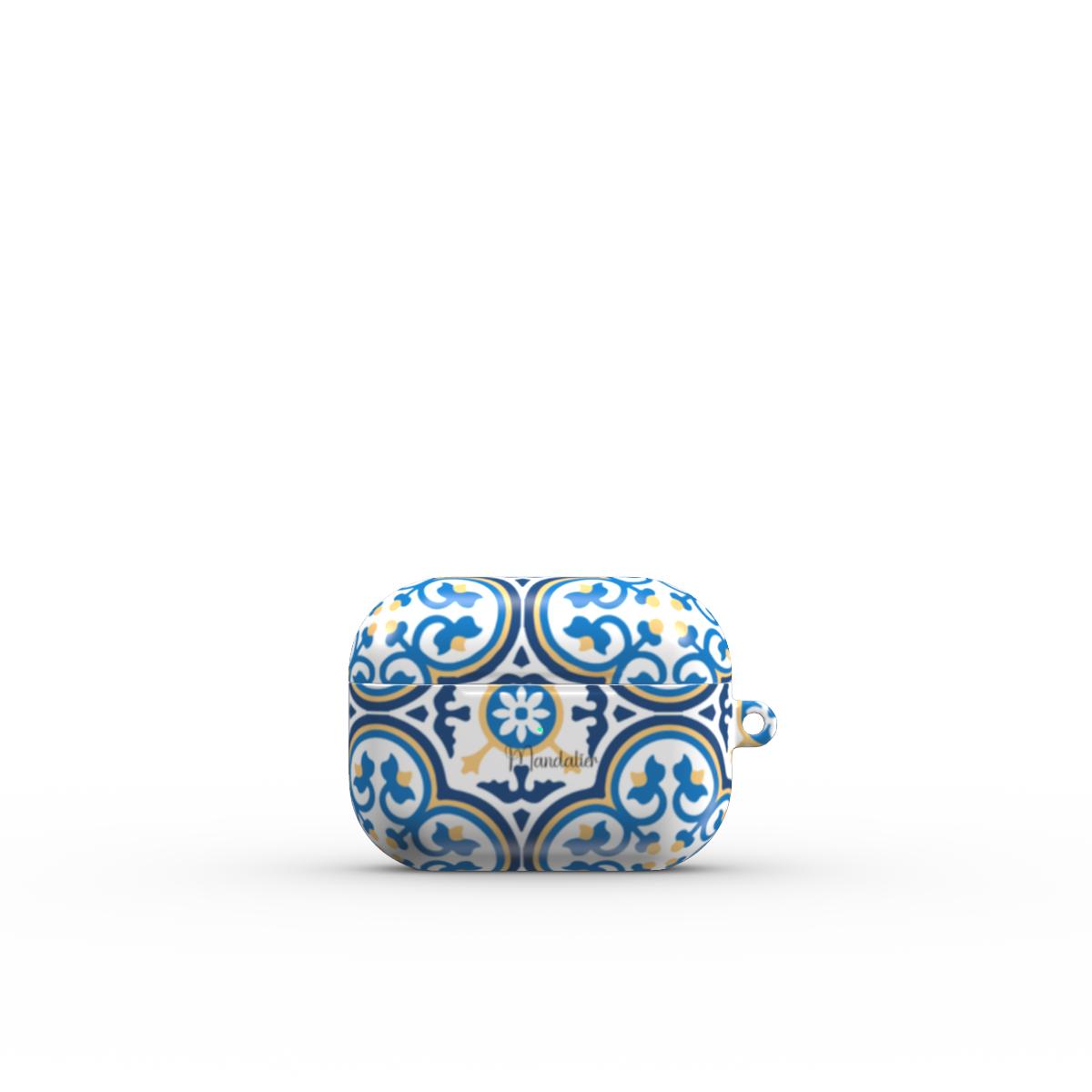 Apple AirPods Pro Tough Case featuring the Maduma Blu design with vibrant blue tile patterns on a glossy finish.

