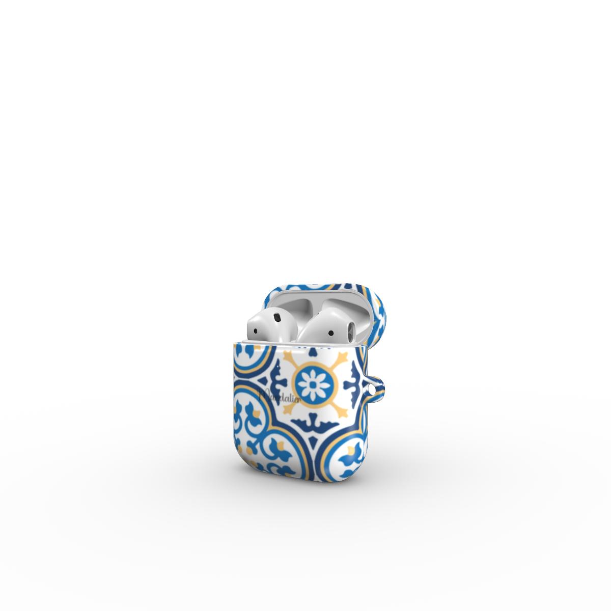 Maduma Fjura Blu AirPods Tough Case for Apple AirPods 1/2 placed on a stylish desk with modern accessories, showcasing its vibrant Maltese-inspired floral design.