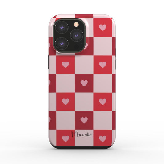 Sweetheart Plaid Tough Phone Case featuring a red and white plaid pattern with romantic accents.