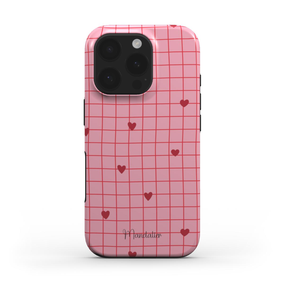 Heartfelt Grid MagSafe Tough Phone Case with a sleek glossy finish and grid pattern design.