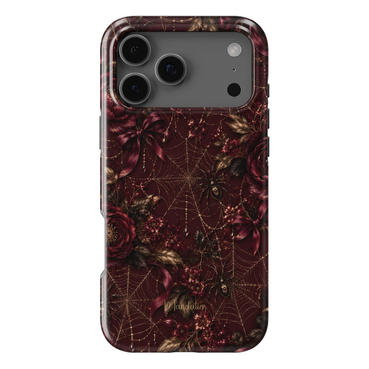 Black Cherry Web phone case featuring burgundy florals, golden spider webs, ribbons and jewel-inspired details from the After Dark Collection, available in MagSafe and Tough options
