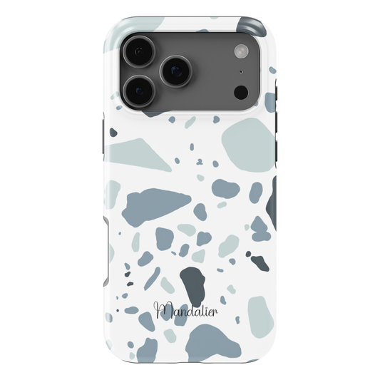Blue Grey Terrazzo phone case with modern terrazzo stone pattern in blue and grey tones, minimalist aesthetic, glossy finish, available in MagSafe and tough dual-layer protective options