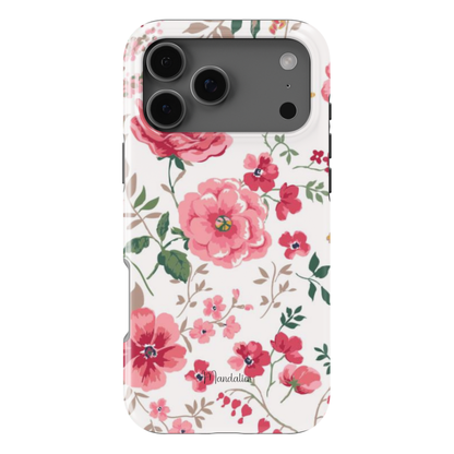 Blush Blossom Bliss phone case with soft blush floral blossom design, elegant feminine aesthetic, glossy finish, available in MagSafe and tough dual-layer protective options