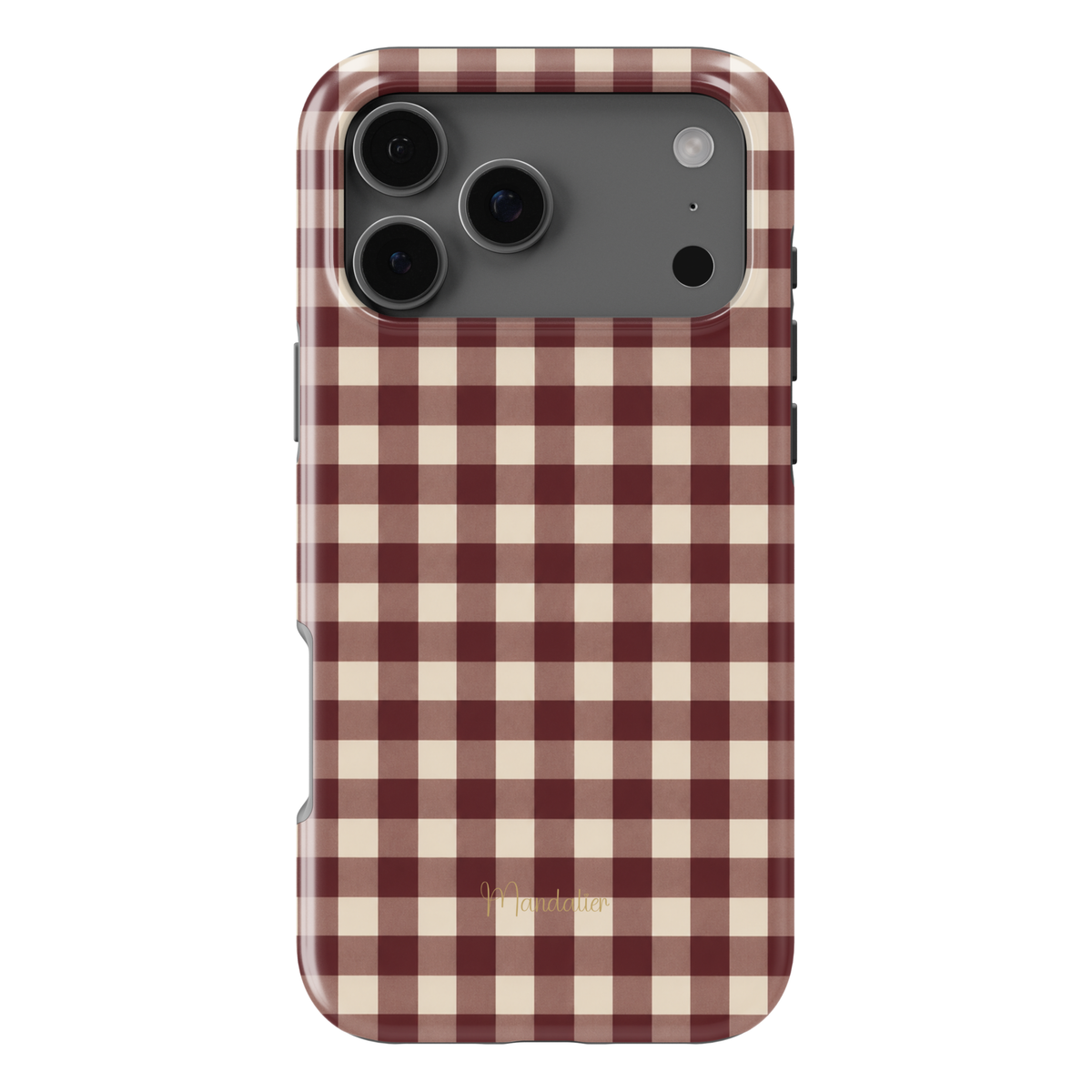 Burgundy Gingham phone case with classic burgundy and cream checked pattern from the Autumn Muse Collection, available in MagSafe and Tough options