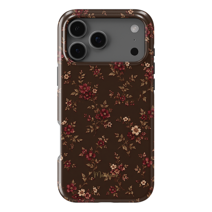 Cherry Mocha phone case with rich brown background and delicate cherry-toned floral pattern from the Autumn Muse Collection, available in MagSafe and Tough options