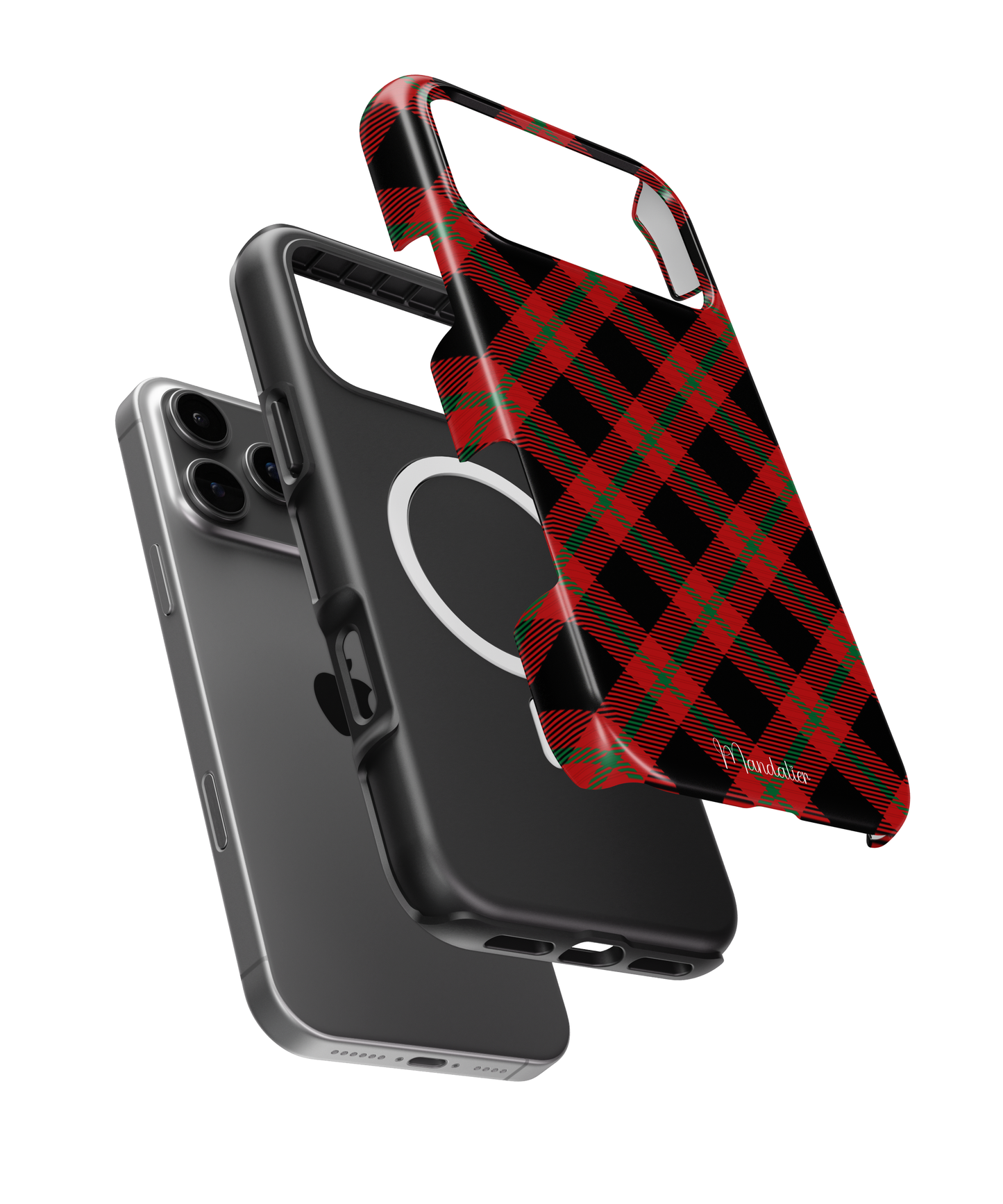 Mandalier MagSafe Tough Phone Case in Crimson Check tartan — premium red and black Scottish pattern with glossy finish, designed in Malta.