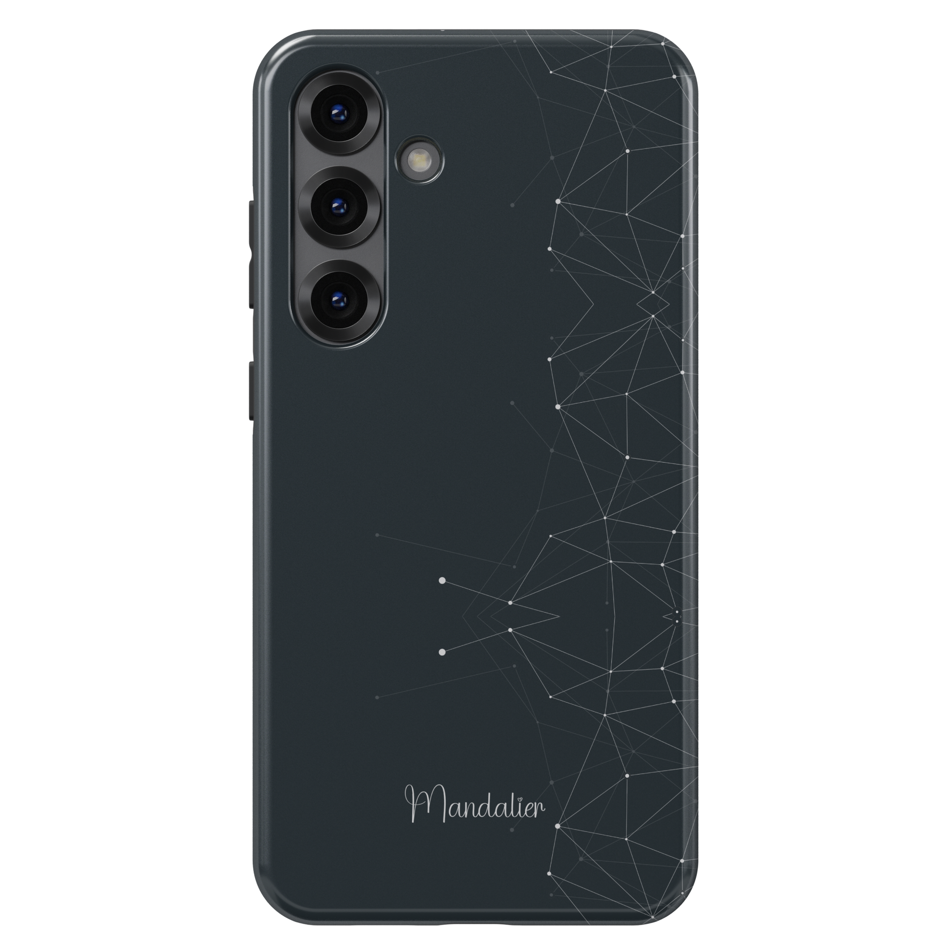Crystal Grid Obsidian phone case with dark geometric crystal grid design, sleek modern aesthetic, glossy finish, available in MagSafe and tough dual-layer protective options