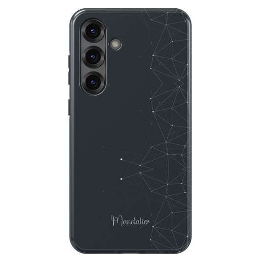 Crystal Grid Obsidian phone case with dark geometric crystal grid design, sleek modern aesthetic, glossy finish, available in MagSafe and tough dual-layer protective options