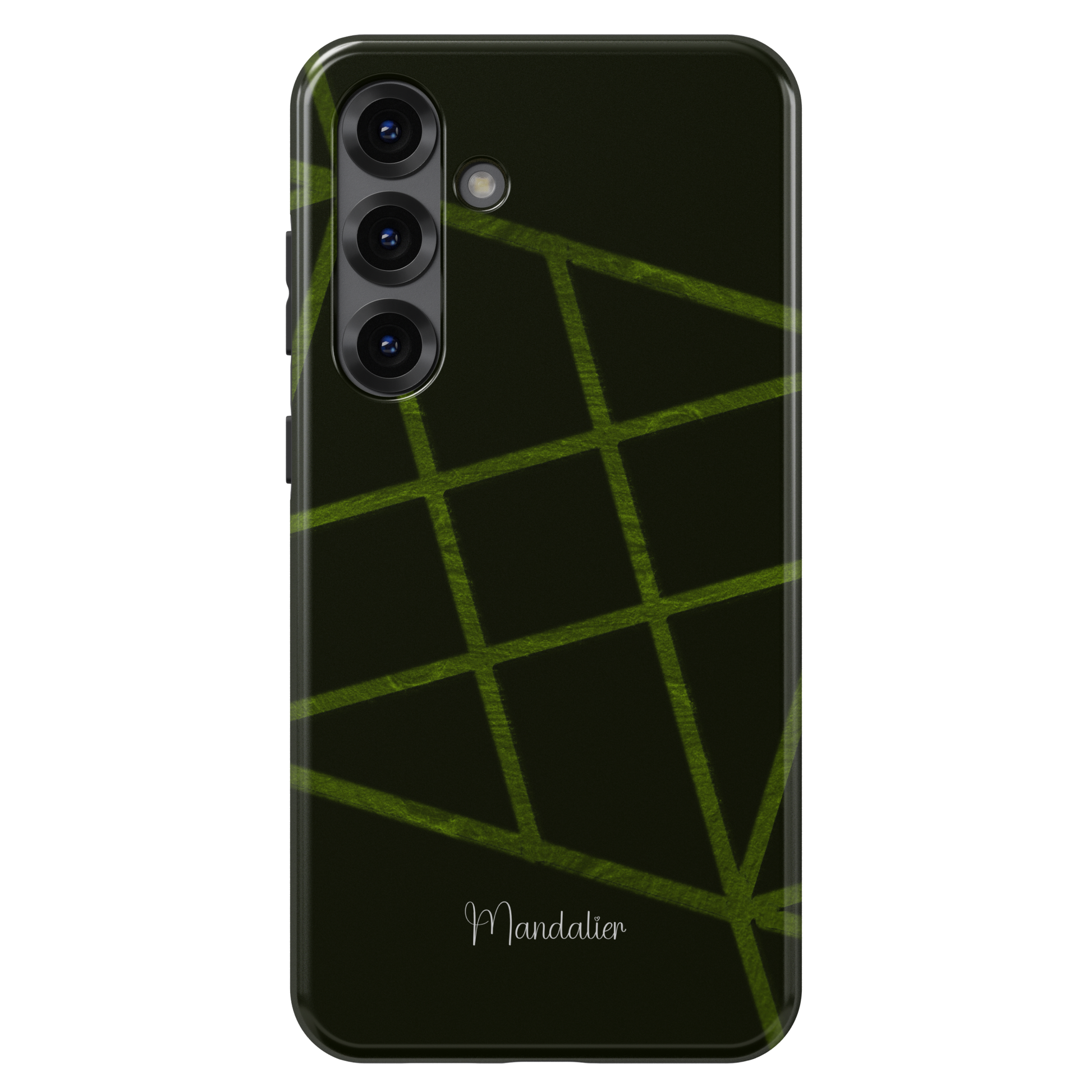 Emerald Grid phone case with bold emerald green grid pattern design, modern masculine aesthetic, glossy finish, available in MagSafe and tough dual-layer protective options