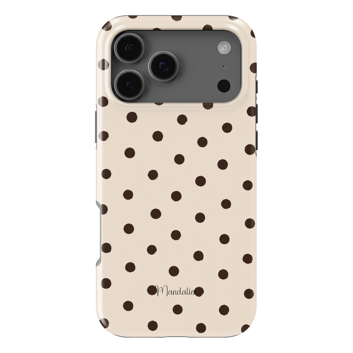 Espresso Polka phone case with dark brown polka dots on a cream background from the Autumn Muse Collection, available in MagSafe and Tough options