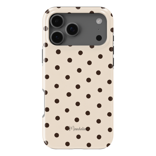 Espresso Polka phone case with dark brown polka dots on a cream background from the Autumn Muse Collection, available in MagSafe and Tough options