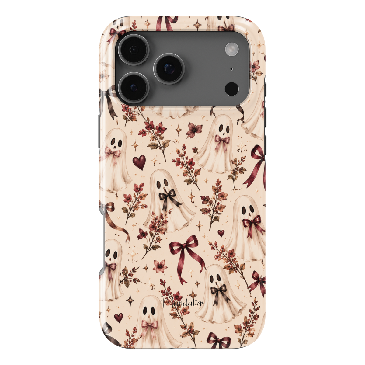 Ghosted phone case featuring cute vintage-style ghosts, burgundy bows, florals and hearts on a soft cream background from the After Dark Collection, available in MagSafe and Tough options