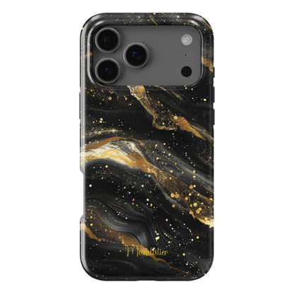 Golden Cosmos Marble Essence phone case with marble swirl design and gold accents, luxurious aesthetic, glossy finish, available in MagSafe and tough dual-layer protective options