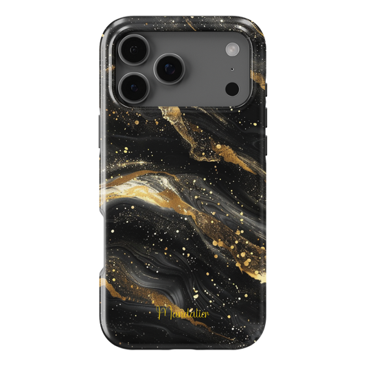 Golden Cosmos Marble Essence phone case with marble swirl design and gold accents, luxurious aesthetic, glossy finish, available in MagSafe and tough dual-layer protective options
