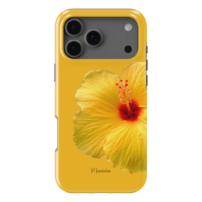 Golden Hibiscus phone case with warm golden tropical floral design, from the Island Bloom Collection, available in MagSafe and tough protective options, designed in Malta