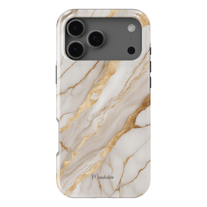 Golden Sands phone case with warm marble-inspired design featuring beige and golden tones, available in MagSafe and tough dual-layer protective options, designed in Malta