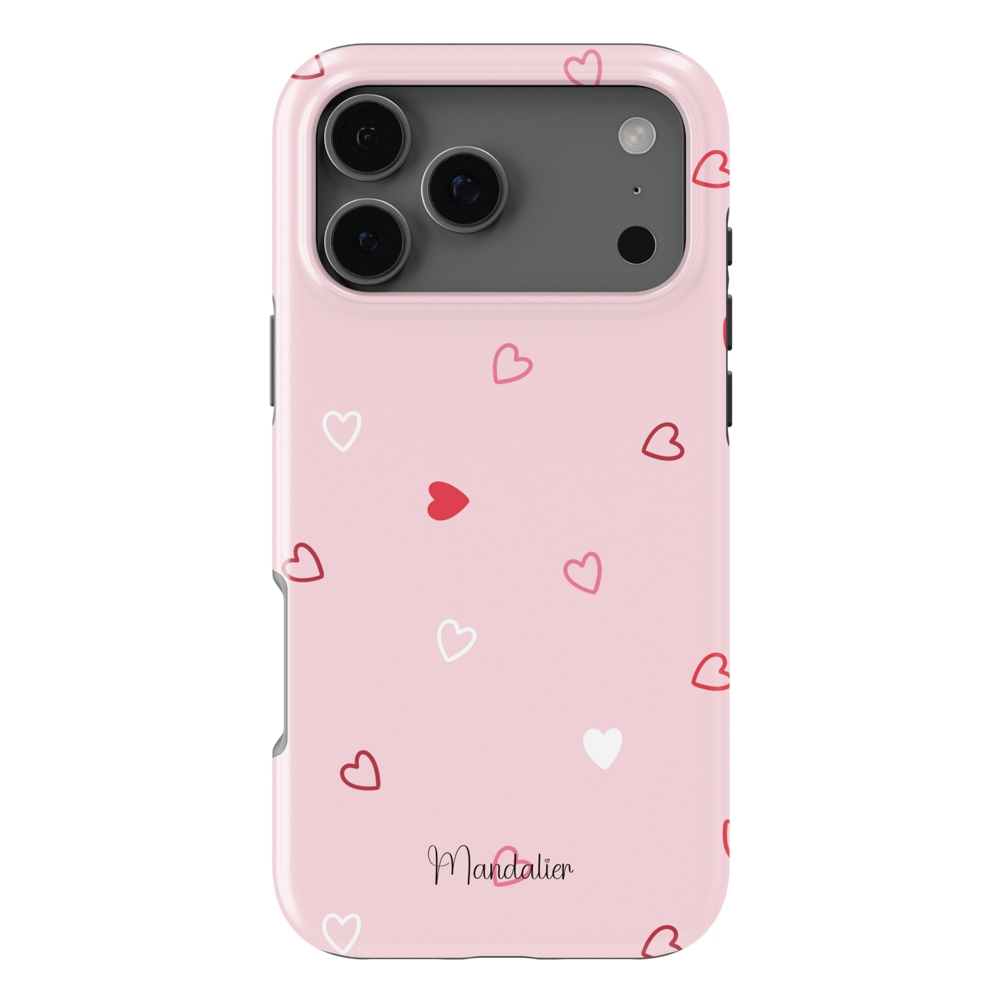 Love Whispers phone case with romantic design, soft aesthetic pattern, dual-layer PC+TPU construction, no-fade print finish, available in MagSafe and tough protective options