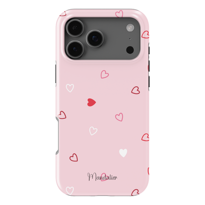 Love Whispers phone case with romantic design, soft aesthetic pattern, dual-layer PC+TPU construction, no-fade print finish, available in MagSafe and tough protective options