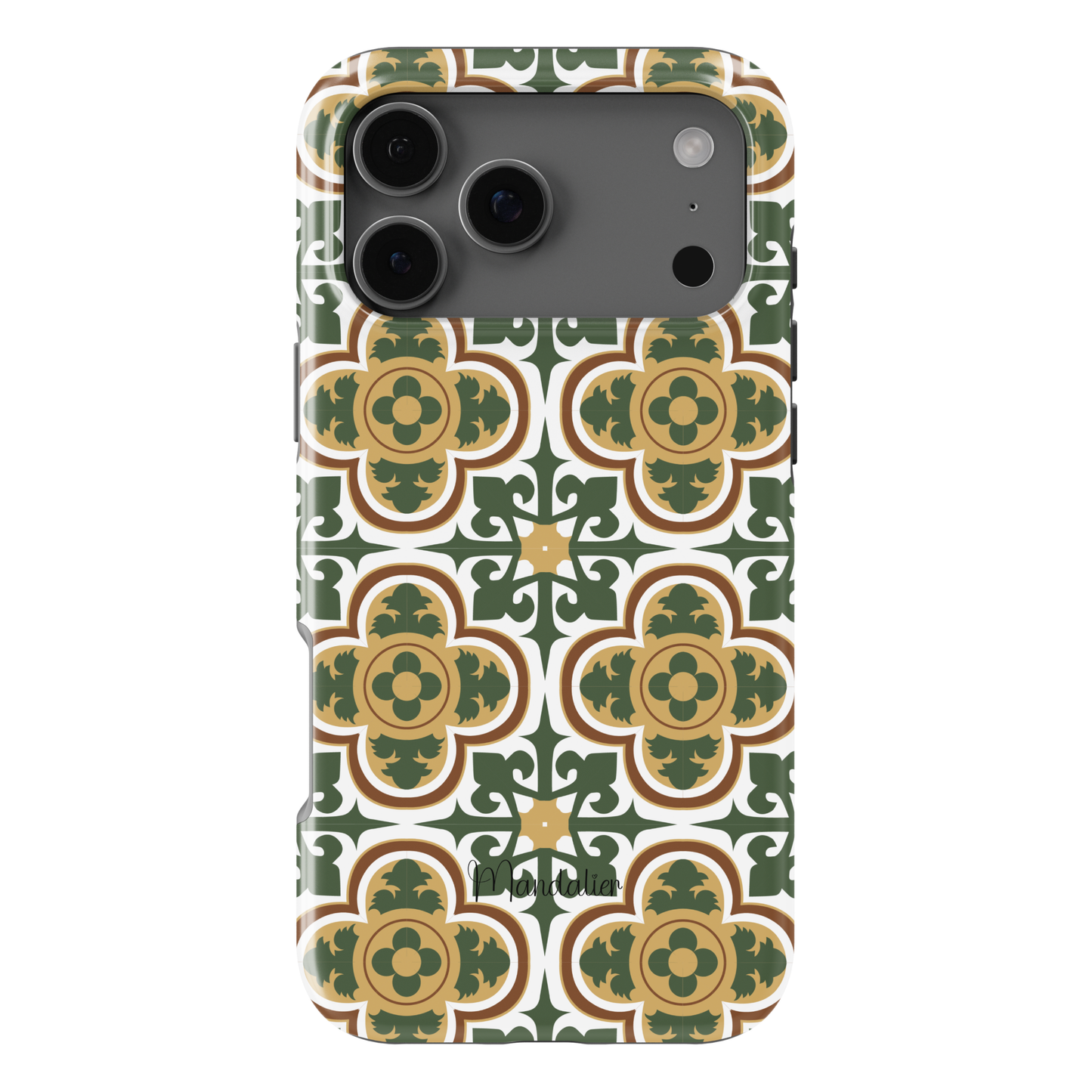 Maduma Eleganti phone case by Mandalier featuring elegant Maltese tile-inspired geometric and floral design, understated palette, glossy finish, available in MagSafe and tough dual-layer protective options