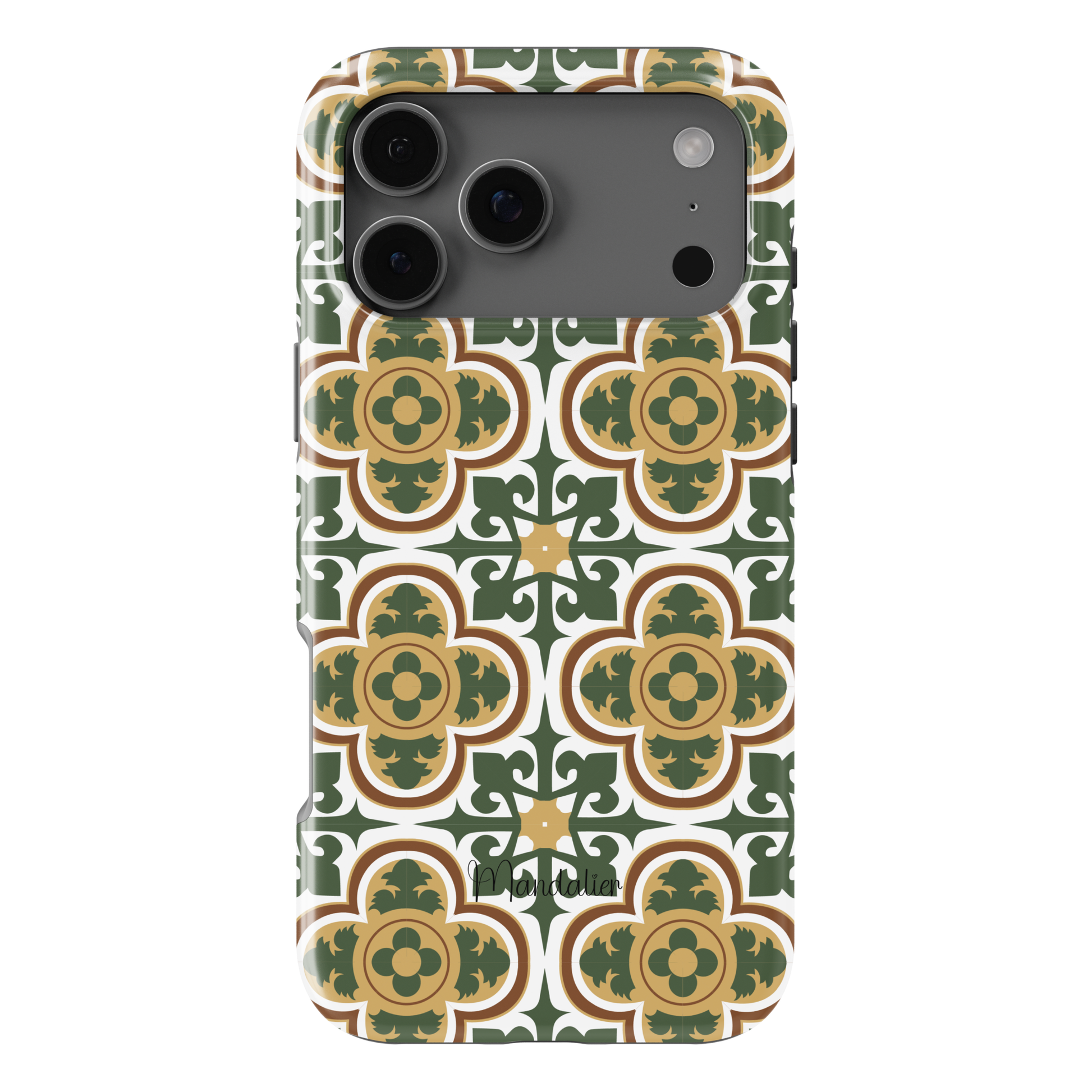 Maduma Eleganti phone case by Mandalier featuring elegant Maltese tile-inspired geometric and floral design, understated palette, glossy finish, available in MagSafe and tough dual-layer protective options