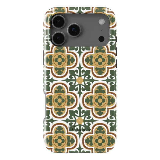 Maduma Eleganti phone case by Mandalier featuring elegant Maltese tile-inspired geometric and floral design, understated palette, glossy finish, available in MagSafe and tough dual-layer protective options