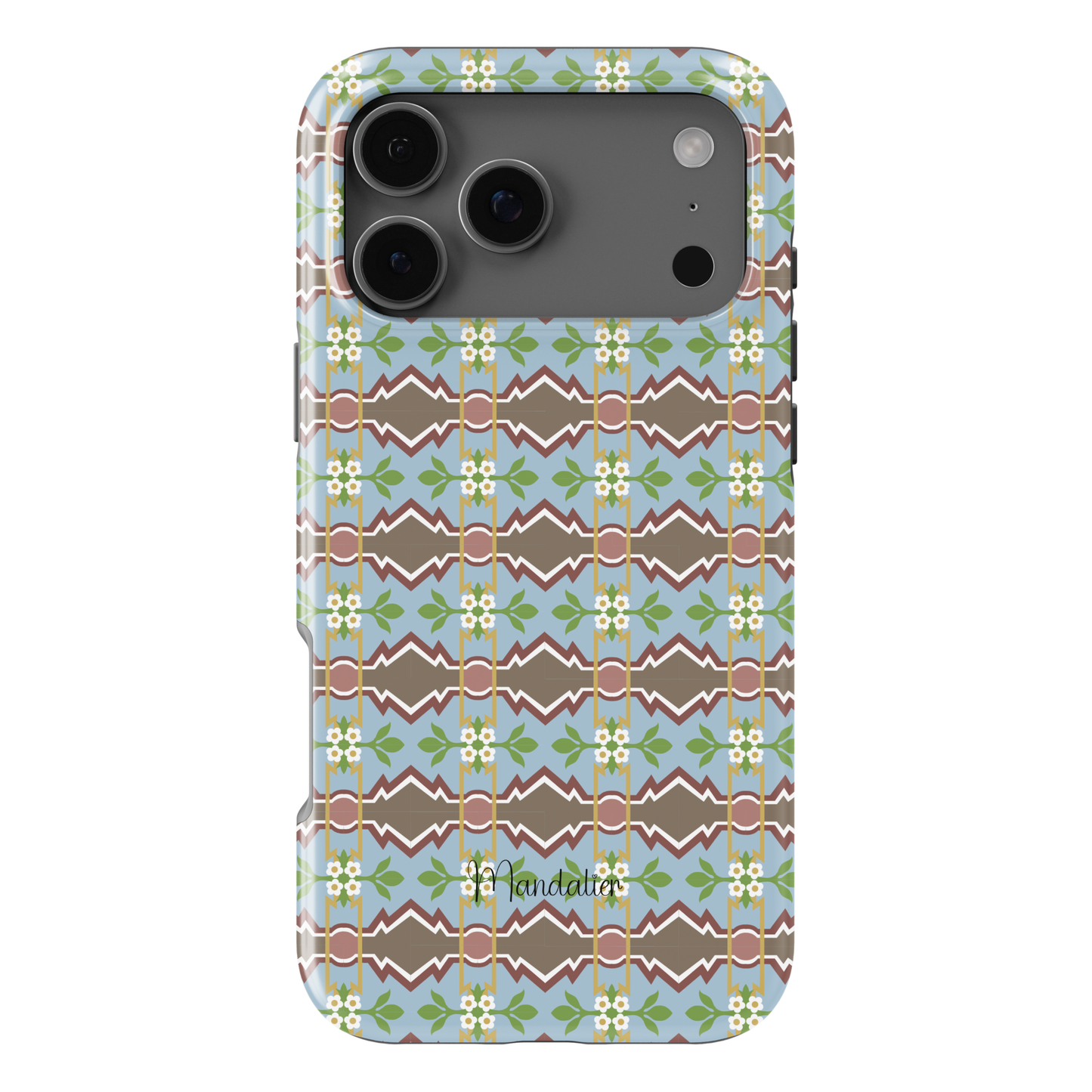Maduma Fjura Selvaġġa phone case by Mandalier with vibrant Maltese tile-inspired floral pattern, bold colours, glossy finish, available in MagSafe and tough dual-layer protective options
